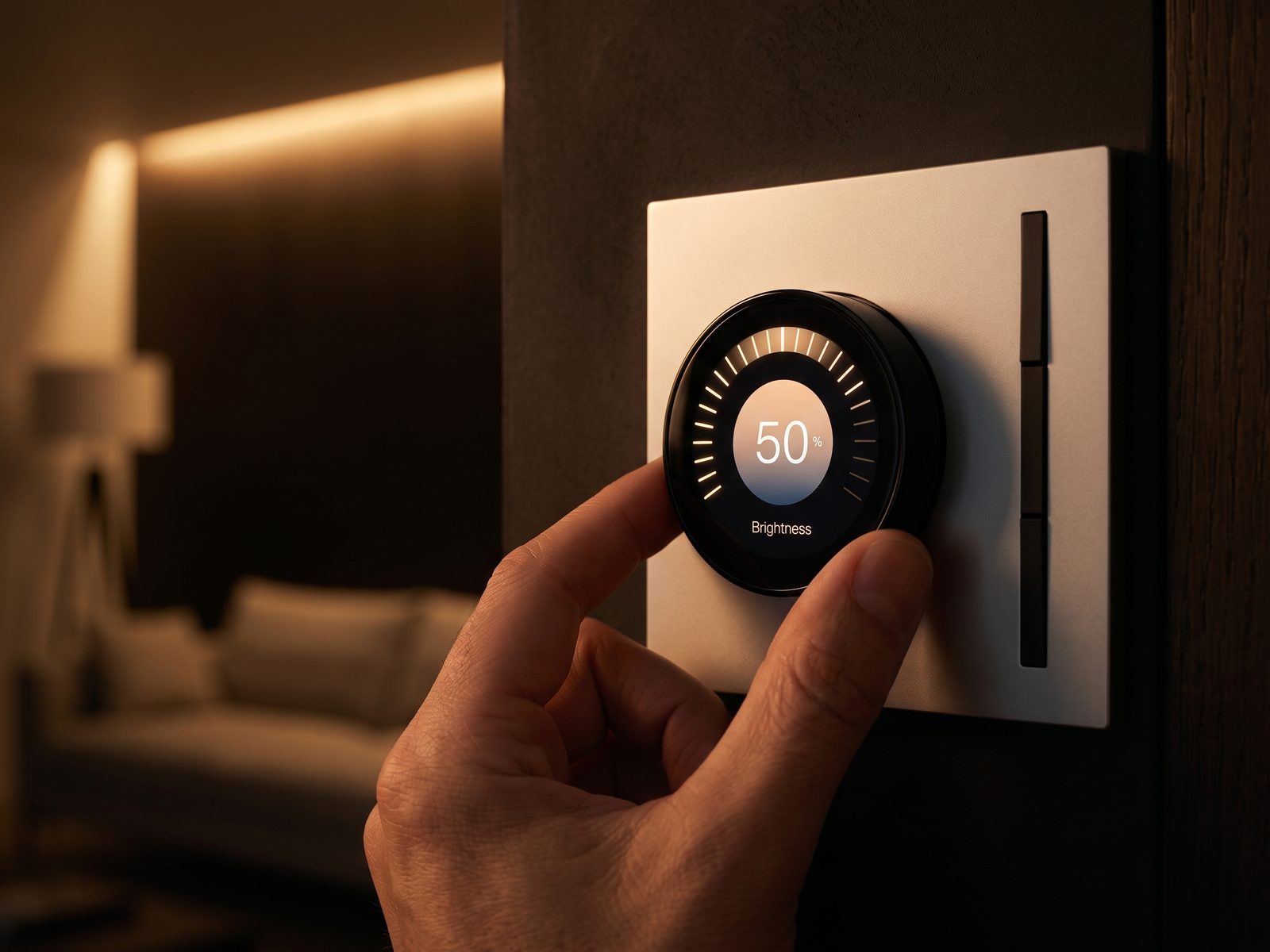 Mano che regola la manopola di luminosità su una placca smart a parete