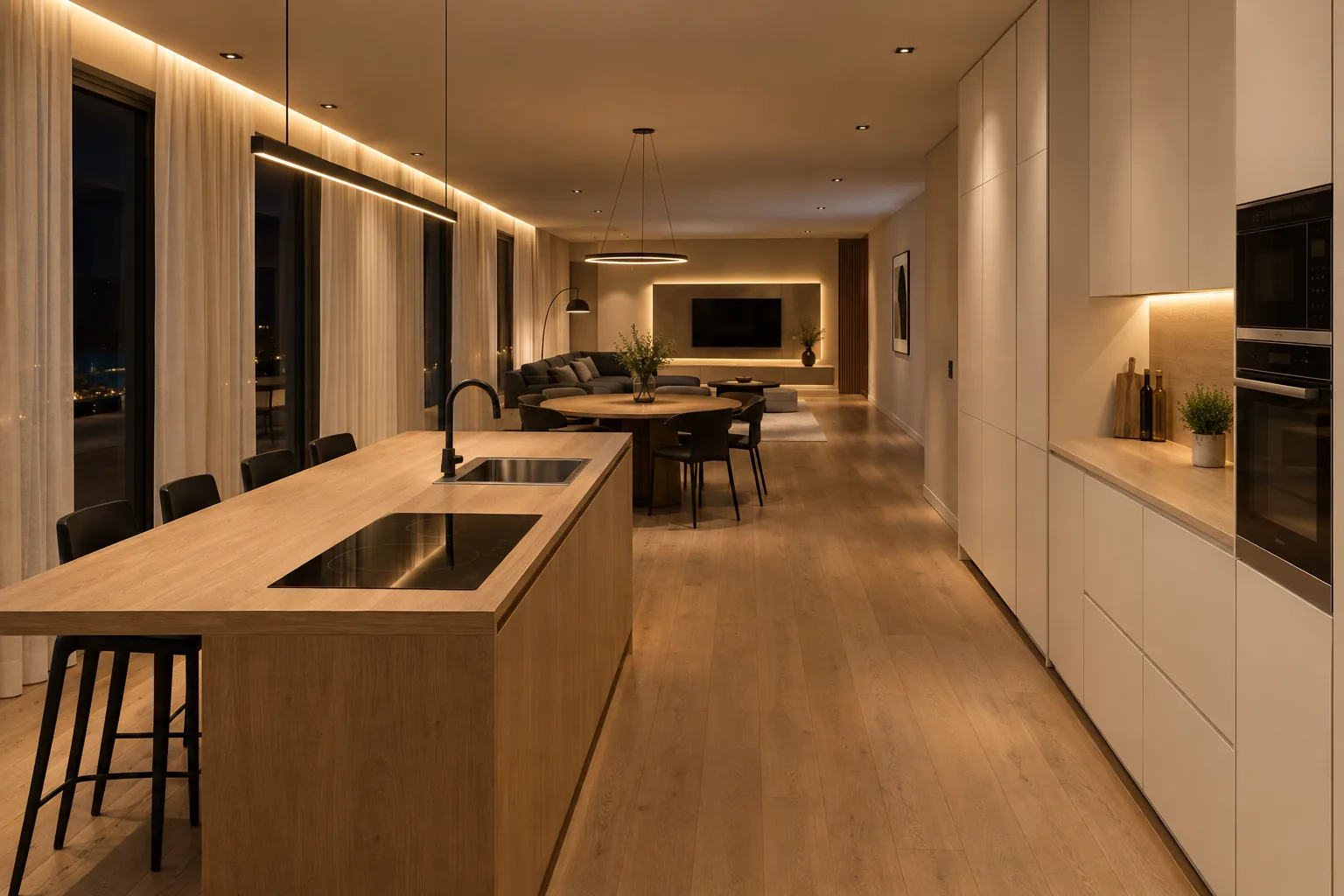 Zona giorno con cucina a isola, tutte le luci accese