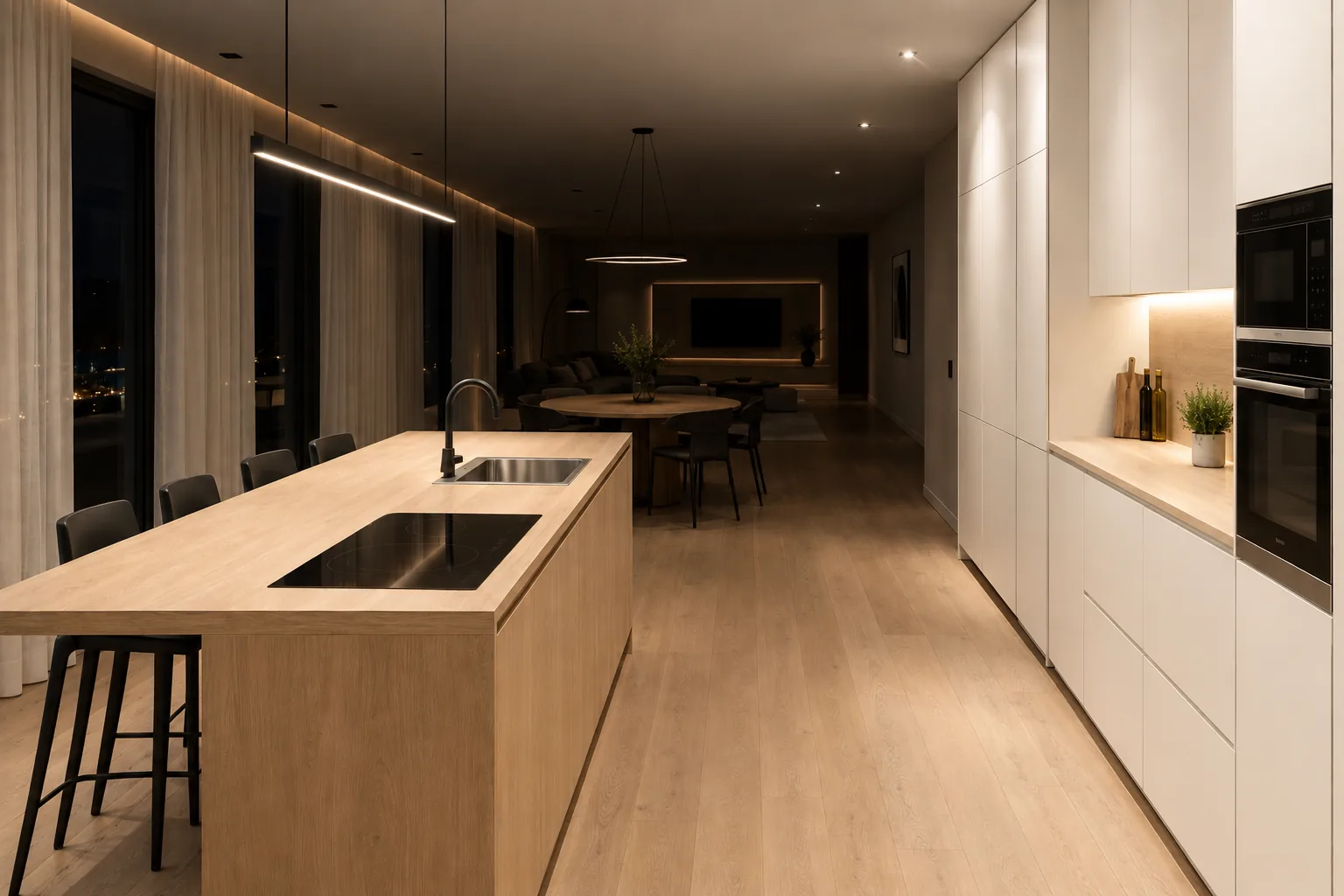 Scenario Cucina: cucina in piena luce, pranzo e soggiorno in penombra